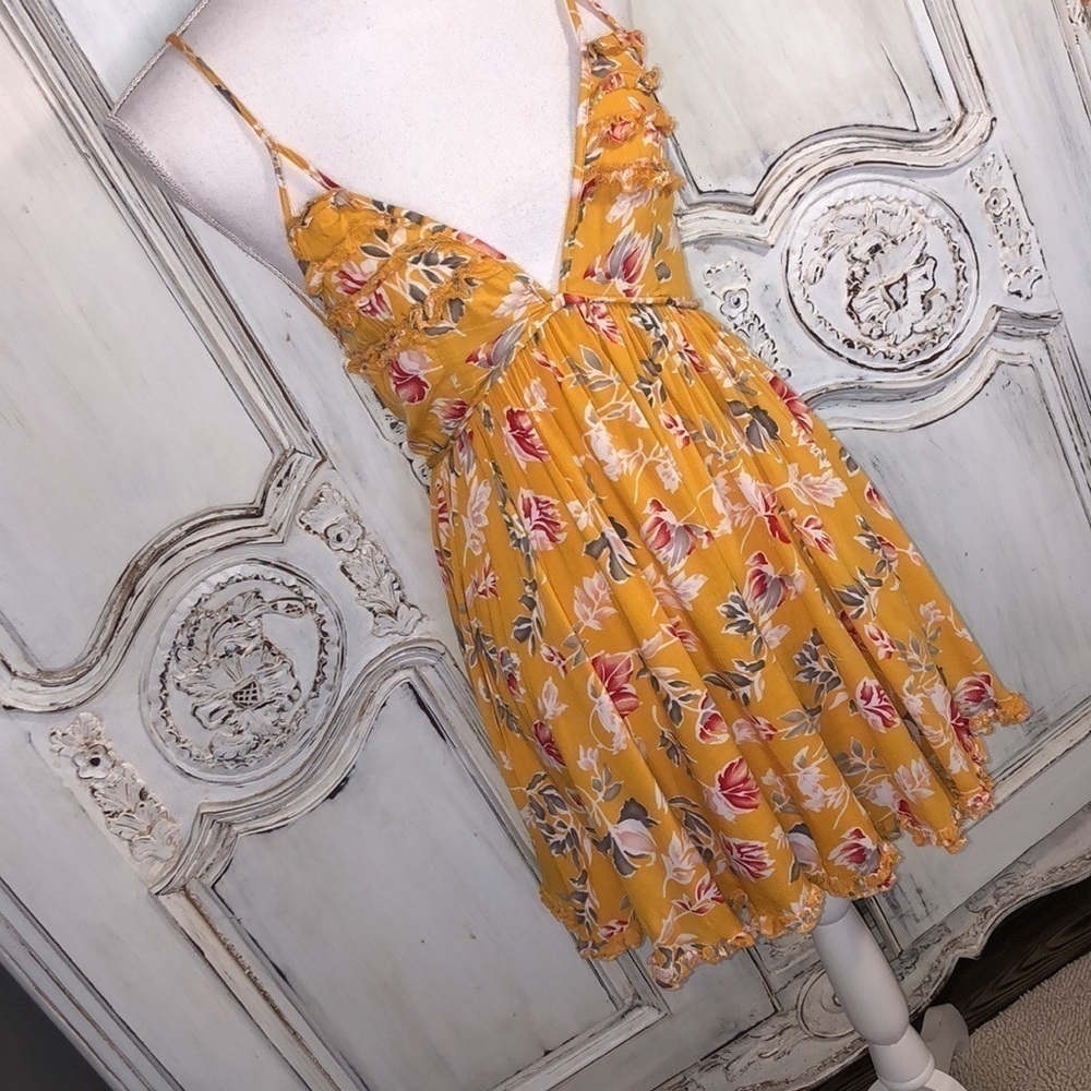 Angel Biba Mustard Color Floral Spaghetti Strap Festival Babydoll Dress Size S - Picture 2 of 13